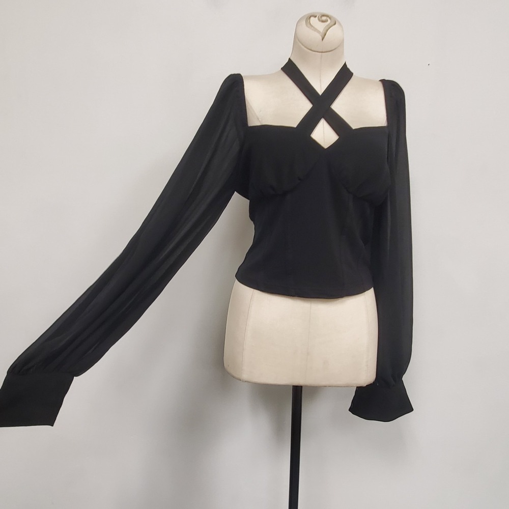 Sheer Bishop Sleeve Milkmaid Coquette Babydoll Top Size L Black Criss Cross Neck